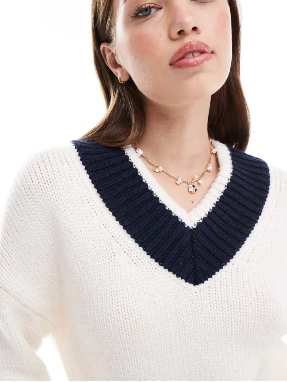 ABERCROMBIE & FITCH WOMENS MERINO WOOL CHUNKY V NECK SWEATER IVORY NAVY BLUE XL